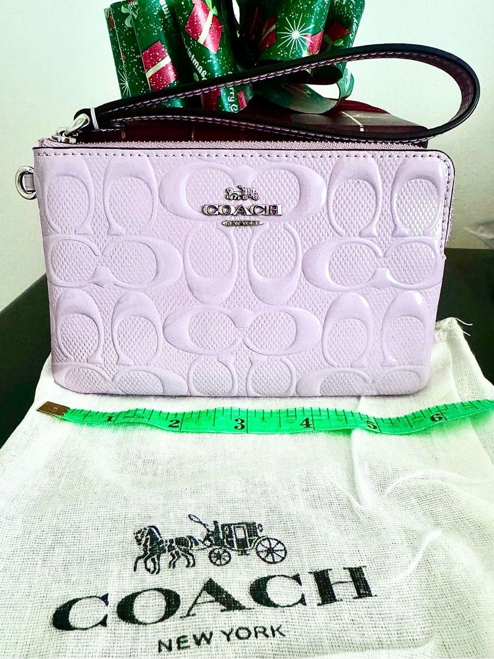 COACH Light Violet Signature Patent Leather Corner Zip Wristlet + Dust Bag